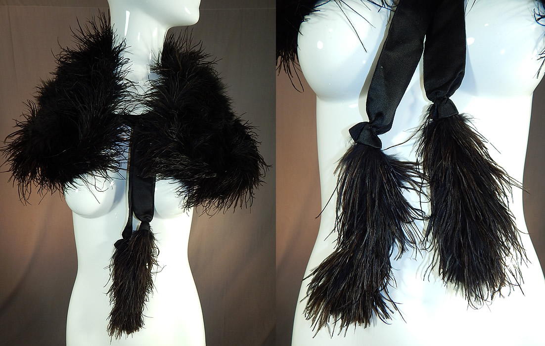 Edwardian Black Ostrich Feather Capelet Shawl Collar Cape Silk Ribbon Ties
It is made of soft fluffy black ostrich feathers, backed in a black silk lining, with black silk ribbon ties hanging down from each side with feather trim ends for closure on the front.