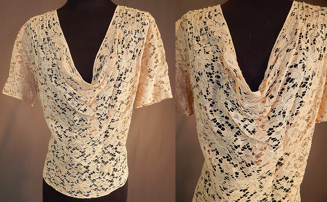 Vintage Mme Cecilia Label Cream Bretonne Needle Lace Shirt Blouse Top
This vintage Mme Cecilia label cream bretonne needle lace shirt blouse top dates from the 1930s. It is made of an off white cream color sheer bretonne needle lace with cotton couched outline embroidery heavy thread details done in a floral leaf pattern. 