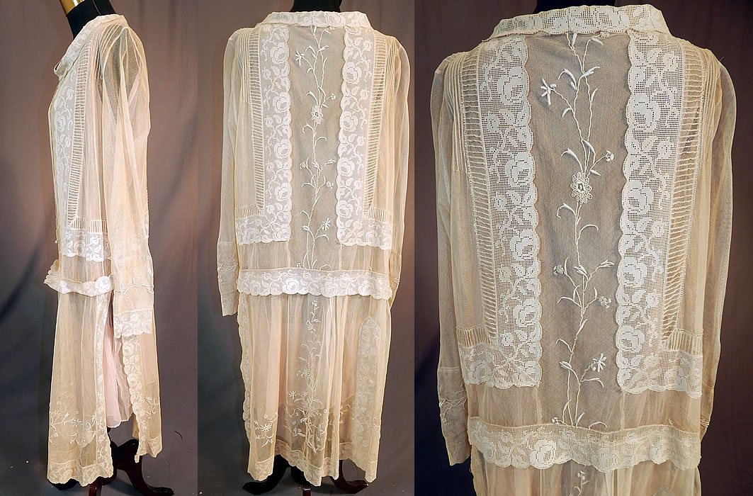 Vintage Cream Net Embroidered French Knot Filet Lace Pink Silk Slip Drop Waist Dress
This lovely lace dress is loose fitting, has a lace trim drop waist, long tapered sleeves with fitted lace cuffs, a lace trim rounded scoop neckline, a high side slit skirt and is fully lined with a pink silk chiffon slip sewn inside. The dress measures 43 inches long, with 40 inch hips, a 38 inch waist, 40 inch bust and 25 inch long sleeves. 