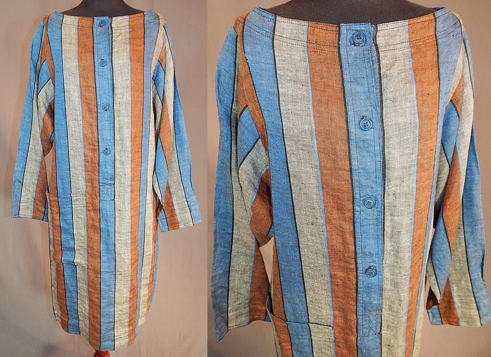 Vintage Christian Dior Sportswear Striped Chambray Linen Tunic Shirt Dress
This vintage Christian Dior Sportswear striped chambray linen tunic shirt dress dates from the 1980s. It is made of a brown, blue and gray striped pattern, chambray linen woven fabric.