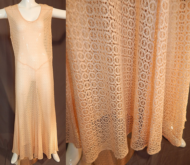 Vintage Sheer Pink Polka Dot Spider Web Teneriffe Lace Maxi Dress Bias Cut Gown
This vintage sheer pink polka dot spider wed Teneriffe lace maxi dress bias cut gown dates from the 1930s. It is made of a pale pastel pink color sheer drawn thread work Teneriffe lace fabric with a polka dot spider web pattern. 