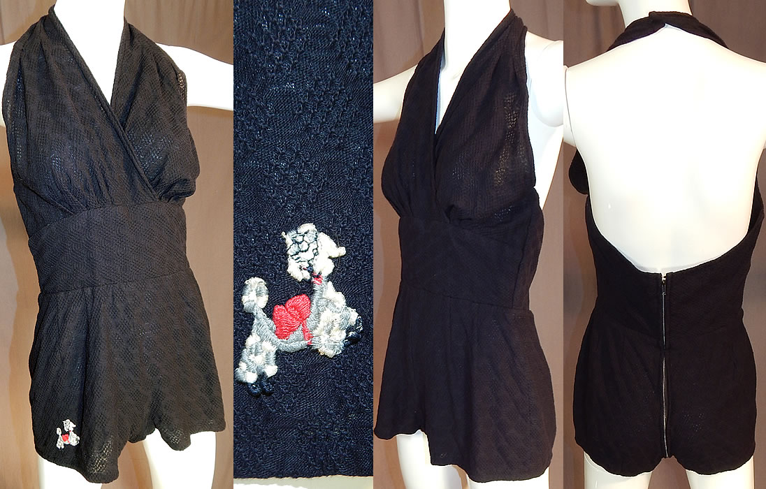 Vintage Black Knit Halter Top Onepiece Swimsuit Romper Poodle Applique
This vintage black knit halter top one piece swimsuit romper poodle appliqu&eacute; dates from the 1940s. It is made of a sheer black cotton knit weave textured fabric, with an argyle diamond pattern woven design and an embroidered poodle appliqu&eacute; sewn onto the leg. 