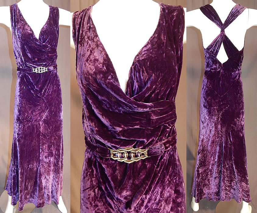 Vintage Art Deco Purple Panne Crushed Velvet Belted Bias Cut Evening Gown Dress
This amazing Art Deco vintage purple panne crushed velvet belted bias cut evening gown dress dates from the 1930s. It is made of a lustrous dark purple panne crushed velvet silk fabric. 