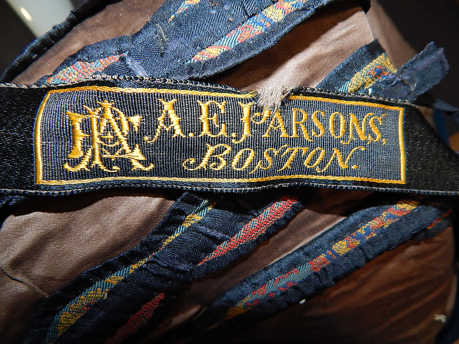Victorian A.E. Parsons Boston Paisley Brocade Navy Blue Wool Gigot Mutton Sleeve Bodice
There is an "A.E. Parsons, Boston" label sewn inside the waistband. 