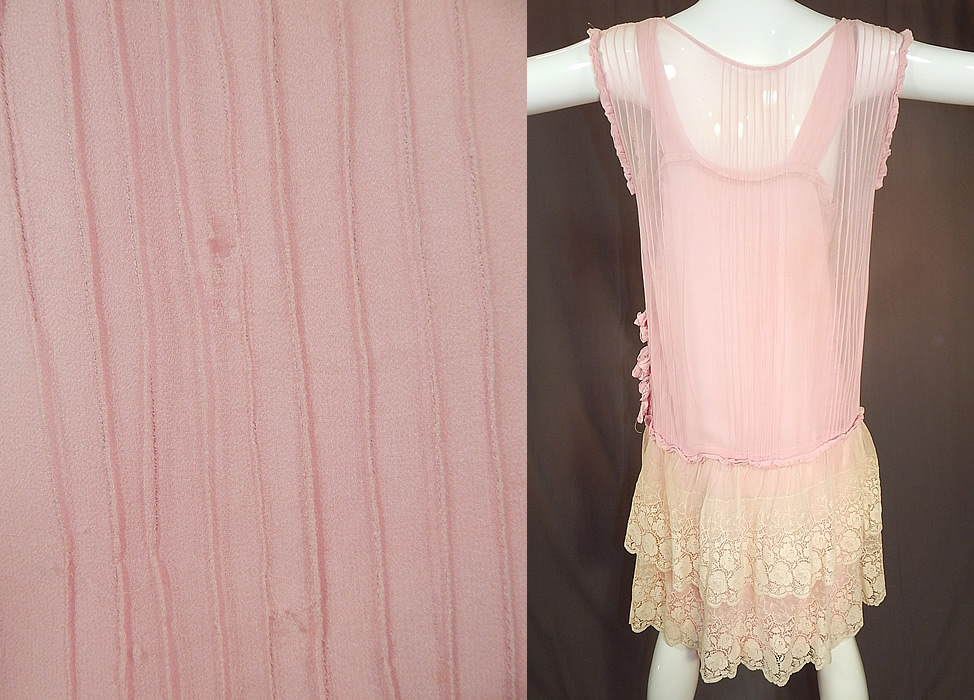 Vintage Pleated Pink Silk Rosette Flowers Cream Lace Ruffle Skirt Drop Waist Dress
The dress measures 40 inches long, with 40 inch hips, a 36 inch waist and 40 inch bust. It is in good condition, with only faint underarm discoloration and a few tiny frayed holes on the top (see close-up). This is truly a wonderful piece of wearable lace art! 