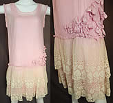 Vintage Pleated Pink Silk Rosette Flowers Cream Lace Ruffle Skirt Drop Waist Dress

