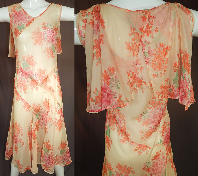 Vintage Pink Geranium Flower Print Silk Shawl Collar Capelet Cape Bias Cut Dress
This vintage pink geranium flower print silk shawl collar capelet cape bias cut dress dates from the 1930s. It is made of a blush pink nude color background with a pink geranium flower, green leaf print on a sheer silk fabric. 