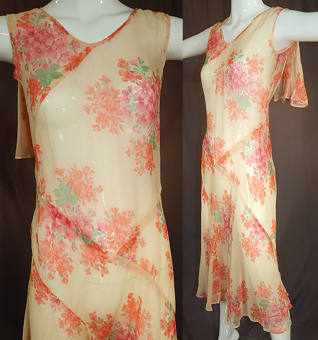 Vintage Pink Geranium Flower Print Silk Shawl Collar Capelet Cape Bias Cut Dress
This pretty pink floral dress has a form fitting bias cut style, with attached shawl collar capelet cape back drape, sleeveless top, full short skirt, no side opening and is sheer, unlined.
