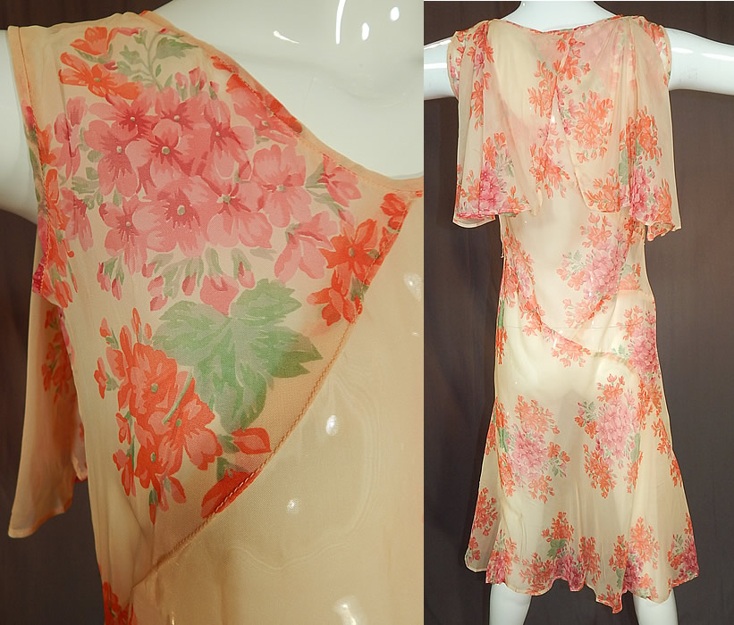 Vintage Pink Geranium Flower Print Silk Shawl Collar Capelet Cape Bias Cut Dress
The dress measures 46 inches long, with 40 inch hips, a 30 inch waist and 34 inch bust. It is in excellent condition. This is a wonderful piece of wearable art!