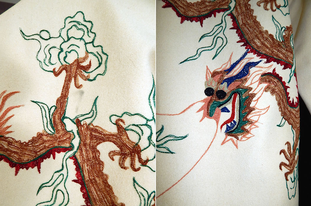 Vintage Chinese Dragon Tiny Seed Stitch Embroidery White Wool Winter Coat Jacket
It is in good as-is condition, with 2 missing toggle closures on the front, a few tiny moth nips on the wool pile and a faint black smudge stain on the back (see close-up). This is truly an amazing piece of wearable Chinese textile art! 