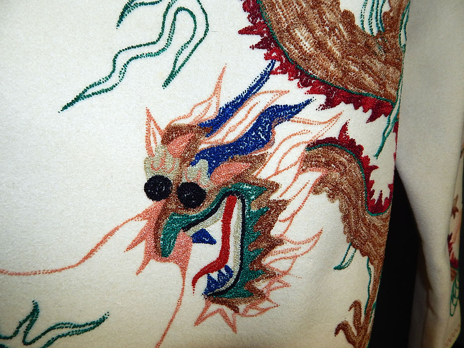 Vintage Chinese Dragon Tiny Seed Stitch Embroidery White Wool Winter Coat Jacket
