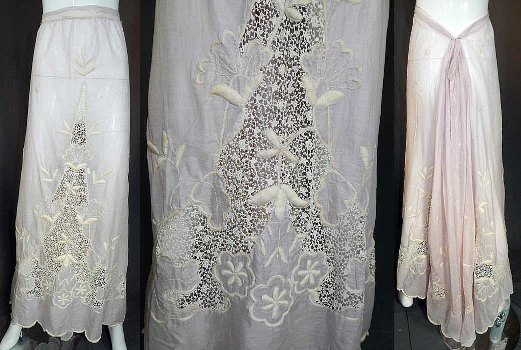 Edwardian Lavender Batiste White Embroidered Lace Trim Skirt Fabric
This antique Edwardian era lavender batiste white embroidered lace trim skirt fabric dates from 1910. It is made of a pale purple pastel lavender color sheer cotton batiste fabric, with white raised padded satin stitch embroidery work flower design and white lace trim inserts.