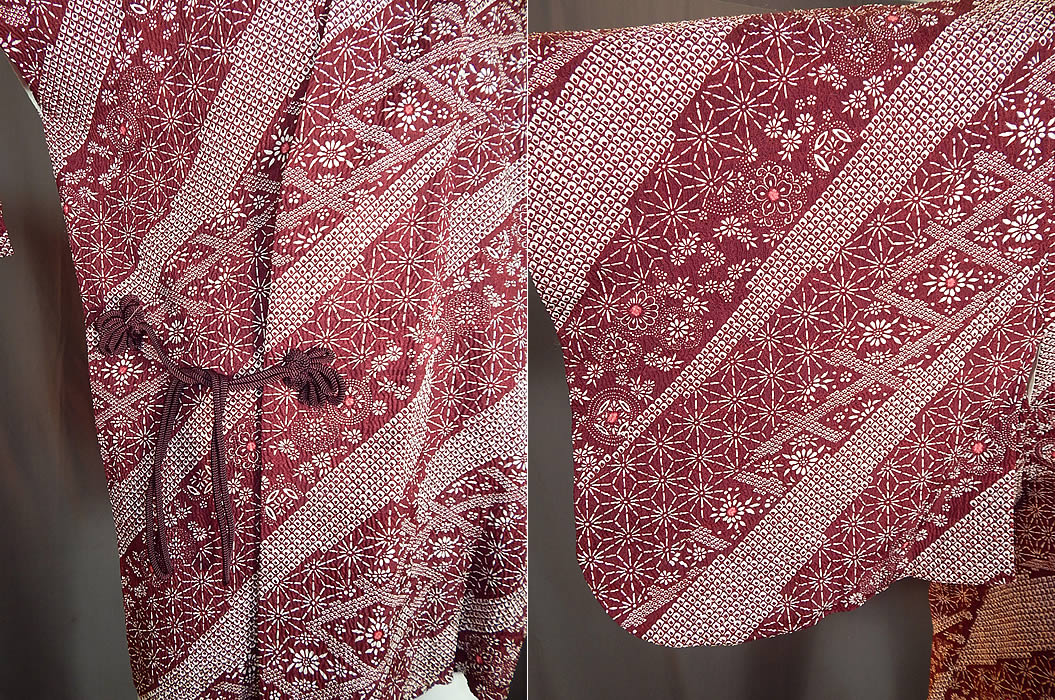 Vintage Japanese Silk Shibori Tie Dye Red Floral Haori Kimono Robe Jacket
It is made of a dark red burgundy color and white silk shibori tie dye textured fabric done in an abstract geometric floral pattern design.