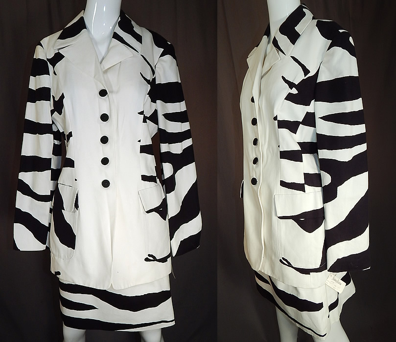 Vintage Cheap and Chic Moschino Black & White Zebra Stripe Blazer Suit Jacket Skirt NWT
This vintage Cheap and Chic Moschino black & white zebra stripe blazer suit jacket with skirt dates from the 1980s. It is made of a black and white zebra striped cotton fabric.