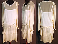 Vintage Cream Silk Chiffon Lace Trim Tiered Ruffle Skirt Drop Waist Dress 
