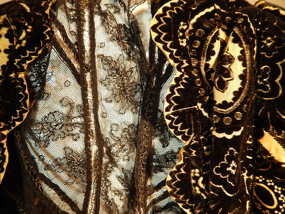 Victorian Yellow Silk Black Burnout Voided Velvet Devore Chantilly Lace Bodice
This is truly an extraordinary piece of antique Victoriana textile art which would be great for design!
