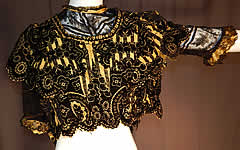 Victorian Yellow Silk Black Burnout Voided Velvet Devore Chantilly Lace Bodice
