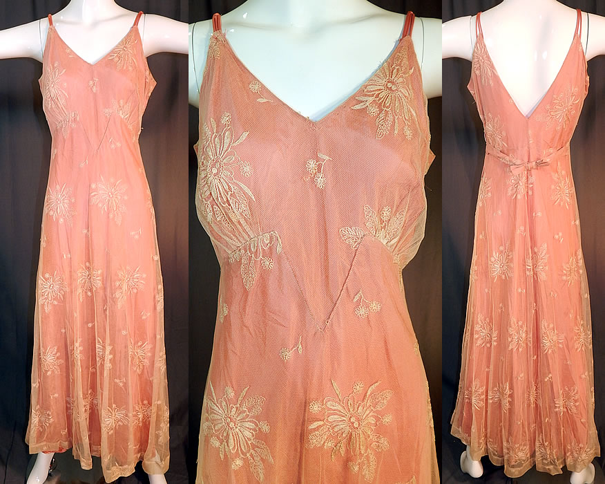 Vintage Cream Tambour Embroidery Net Lace Pink Nylon Slip Dress Bias Cut Gown
This vintage cream tambour embroidery net lace pink nylon slip dress bias cut gown dates from the 1940s. It is made of an off white cream color sheer tulle net fabric overlay with tambour embroidery work flowers and a dusty rose pink color nylon slip lining backing sewn inside. 