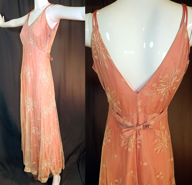 Vintage Cream Tambour Embroidery Net Lace Pink Nylon Slip Dress Bias Cut Gown
This beautiful bias cut floor length long gown has triple spaghetti straps, plunging V necklines, a belted bow back sash, full skirt with crinoline stiffened hemline, side zipper closure and is fully lined.