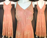 Vintage Cream Tambour Embroidery Net Lace Pink Nylon Slip Dress Bias Cut Gown
