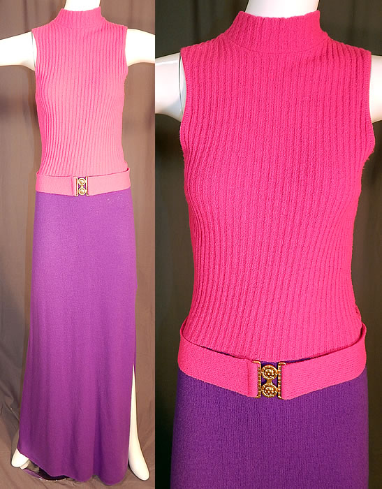 Vintage Kingston Knits by Cesia California Pink & Purple Knit Belted Mod Maxi Dress
This vintage Kingston Knits by Cesia California pink and purple knit belted mod maxi dress dates from the 1970s. It is made of bright neon pink and purple knit fabric, with a ribbed texture top. 