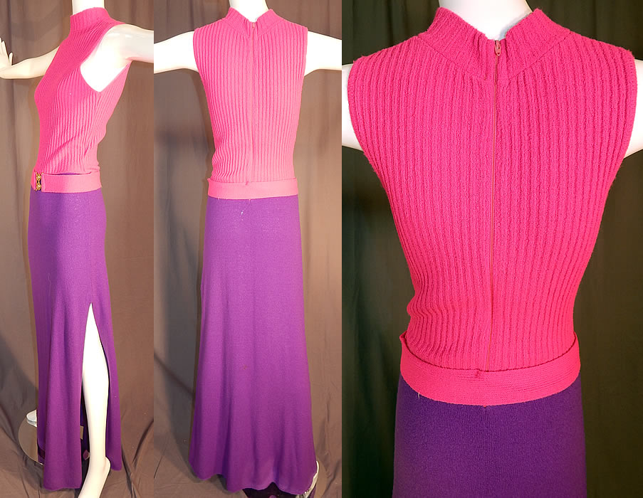Vintage Kingston Knits by Cesia California Pink & Purple Knit Belted Mod Maxi Dress
The dress measures 68 inches long, with 38 inch hips, a 26 inch waist and 36 inch bust, with the fabric having some stretch. It is in excellent condition. This is truly a wonderful piece of retro mod hippie style knitwear wearable art!