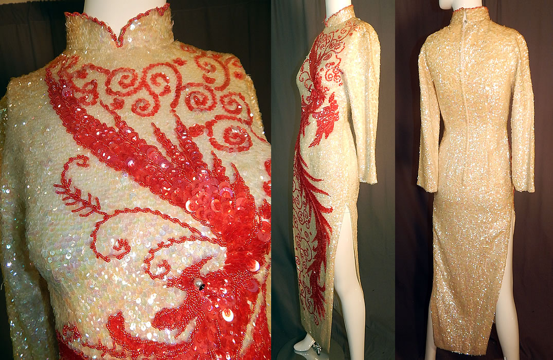 Vintage Chinese Cheongsam Dress Hand Beaded Sequin White & Red Phoenix Bird
This beautiful beaded cheongsam Chinese dress has an hour glass, sheath form fitting style, is a long floor length, with 26 inch high side slits, a mandarin style stand up collar, long sleeves, back zipper closure and is fully lined inside in a white silky nylon fabric. 