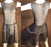Vintage Art Deco Navy Blue Sheer Silk Chiffon Rhinestone Beaded Flapper Dress
