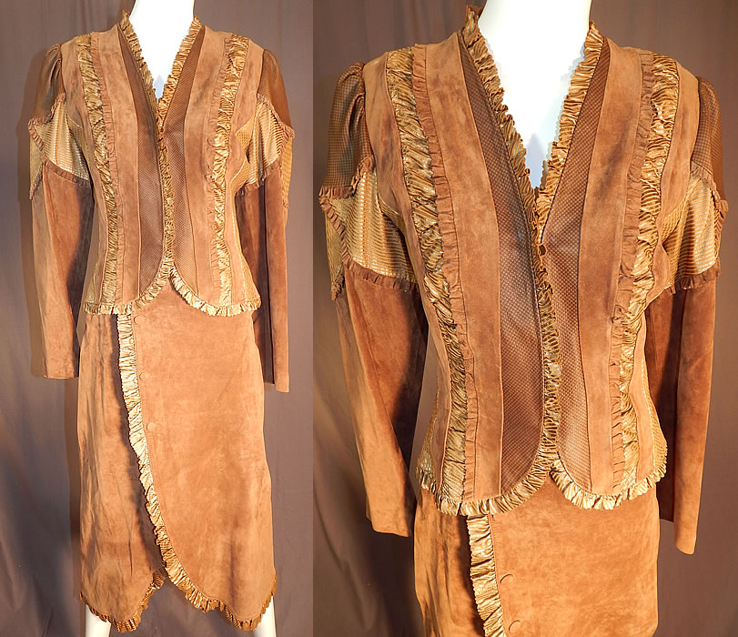 Vintage Gossamer Wings Brown Suede Leather Patchwork Dress Jacket Wrap Skirt
This vintage Gossamer Wings brown suede leather patchwork dress jacket and wrap skirt dates from the 1980s. It is made of a brown suede leather with a patchwork variety of textured, ruffles, shades of brown leather trim pieces. 