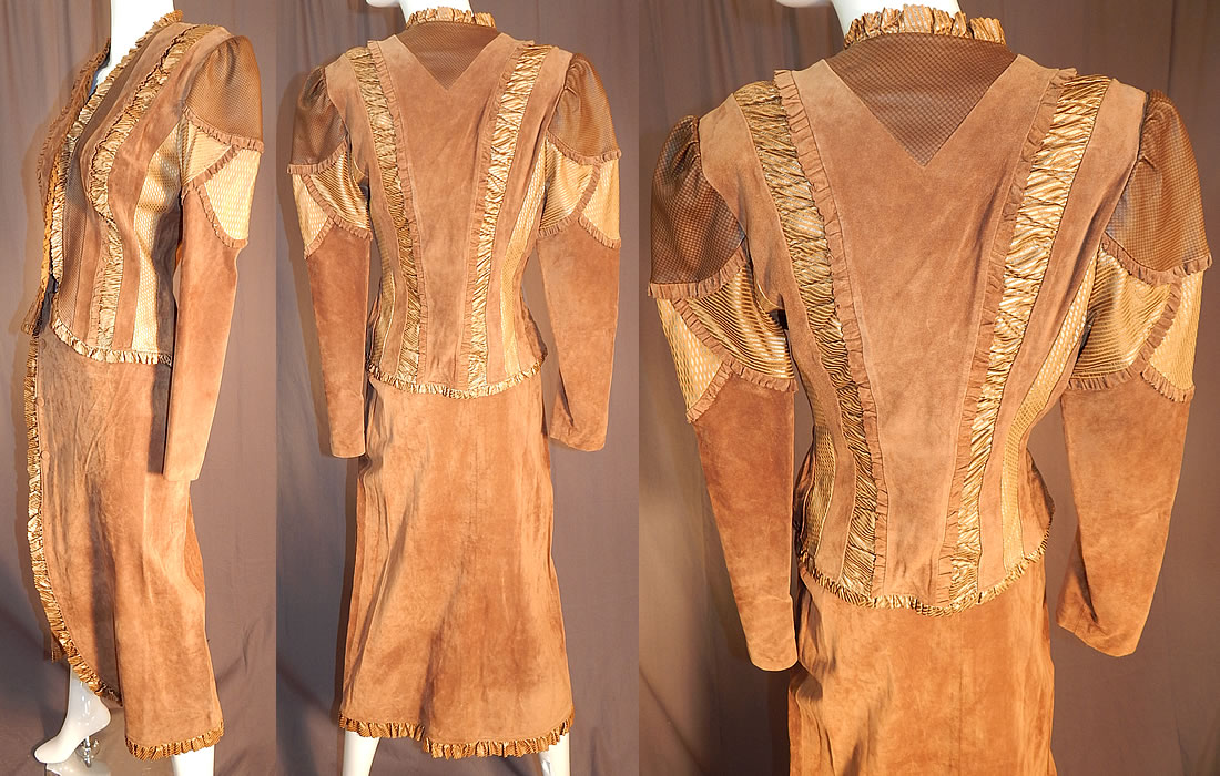Vintage Gossamer Wings Brown Suede Leather Patchwork Dress Jacket Wrap Skirt
This luxurious leather outfit has a fitted, tailored suit jacket, with slight shoulder padding, long sleeves, ruffle trim edging, hook closures down the front and is fully lined. The jacket measures 21 inches long, with a 30 inch waist, 36 inch bust and 24 inch long sleeves. 