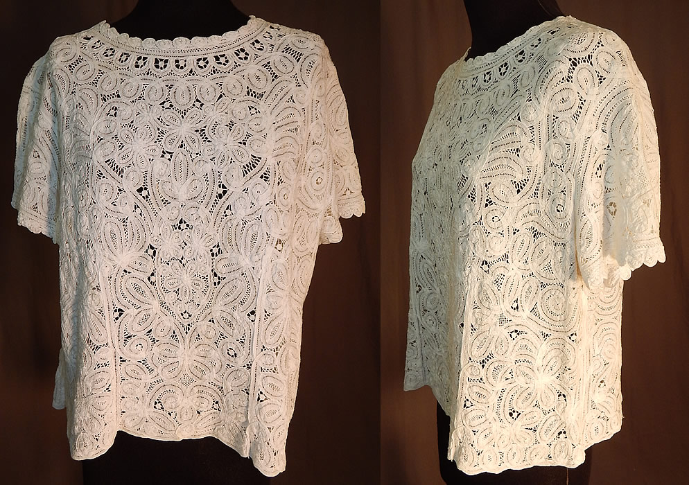Vintage White Battenburg Tape Lace Sheer Shirt Blouse
This beautiful blouse has short sleeves, snap closures down the back and is sheer, unlined. The top measures 20 inches long, with a 36 inch waist and 40 inch bust.