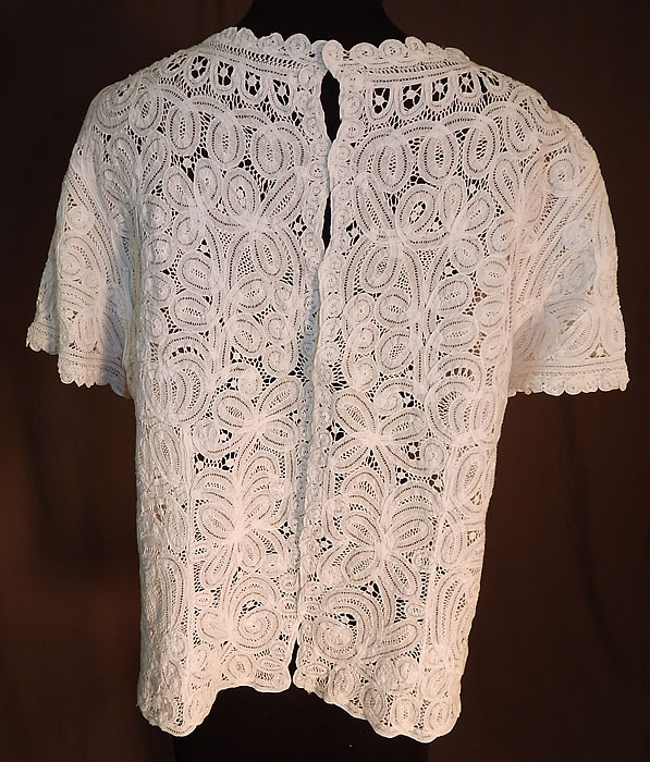 Vintage White Battenburg Tape Lace Sheer Shirt Blouse
It is in good condition, but has not been cleaned and has a few faint small stains on the front. This is truly a wonderful piece of wearable lace art!