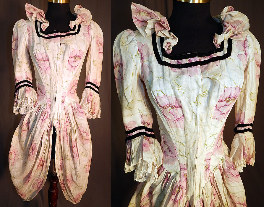 Victorian Lilac Pink Poppy Print Cotton Muslin Cutaway Swagged Polonaise Bodice
This antique Victorian era lilac pink poppy print cotton muslin cutaway swagged polonaise bodice dates from the 1870s. It is made of an off white sheer fine cotton muslin fabric with a ethereal lilac pink poppy flower leaf print design and black velvet ribbon trim edging. 