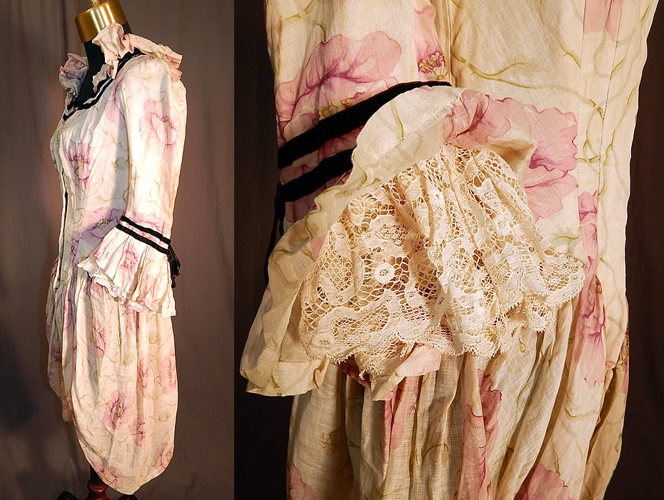 Victorian Lilac Pink Poppy Print Cotton Muslin Cutaway Swagged Polonaise Bodice
This pretty poppy polonaise style overdress bodice has a cutaway side swagged pannier drape overskirt along the hips, a squared neckline with ruffle flounce collar, gathered shoulders with 3/4 length sleeves, flared lace cuffs, a fitted waist coming to a point at the bottom, hook closures down the front and stays boning sewn inside. 