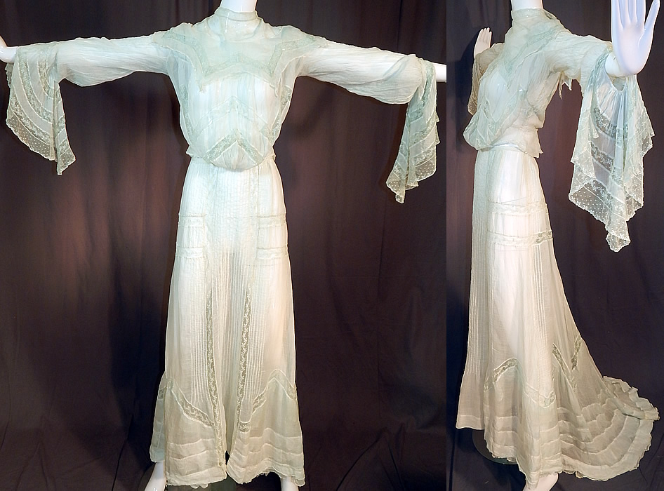 Edwardian Blue Batiste Lace Dress Handkerchief Sleeve Blouse & Skirt Train
This exquisite antique Edwardian era blue batiste lace dress handkerchief sleeve blouse and skirt train dates from 1910.
