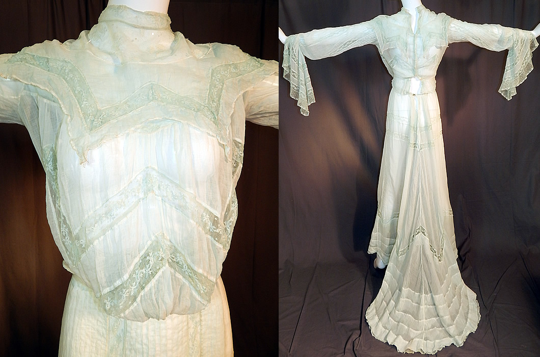 Edwardian Blue Batiste Lace Dress Handkerchief Sleeve Blouse & Skirt Train
It is made of a pale blue sheer fine cotton batiste fabric, with blue lace trim inserts.
