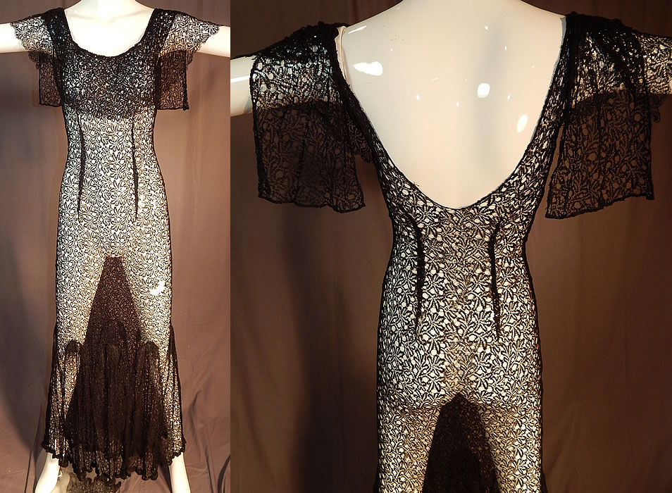 Vintage Sheer Black Silk Net Cobweb Lace Backless Bias Cut Evening Gown Dress
This vintage sheer black silk net cobweb lace backless bias cut evening gown dress dates from the 1930s. It is made of a sheer black silk net fine cobweb lace fabric, with a leaf like, circular pattern design.