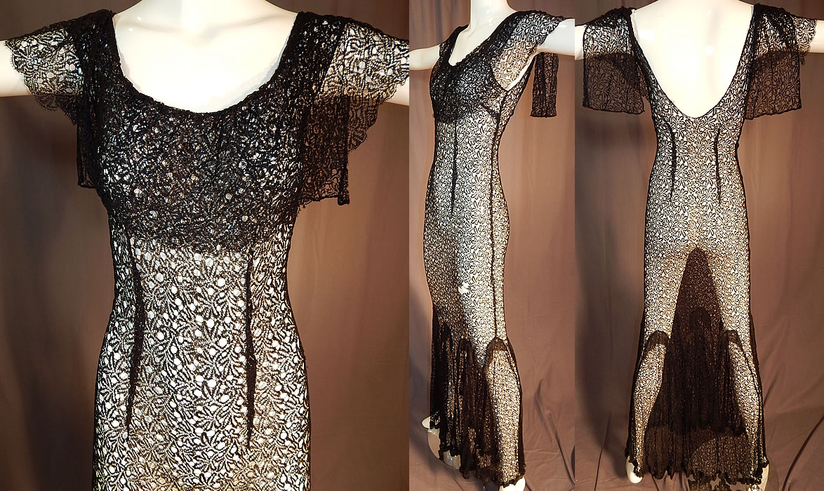 Vintage Sheer Black Silk Net Cobweb Lace Backless Bias Cut Evening Gown Dress
This lovely lace dress has a form fitting bias cut, sleeveless, backless, with a shawl collar front overlay, draping panels hanging down the back over the shoulders, a long floor length skirt with full ruffle bottom, no side opening closure and is sheer completely unlined. 