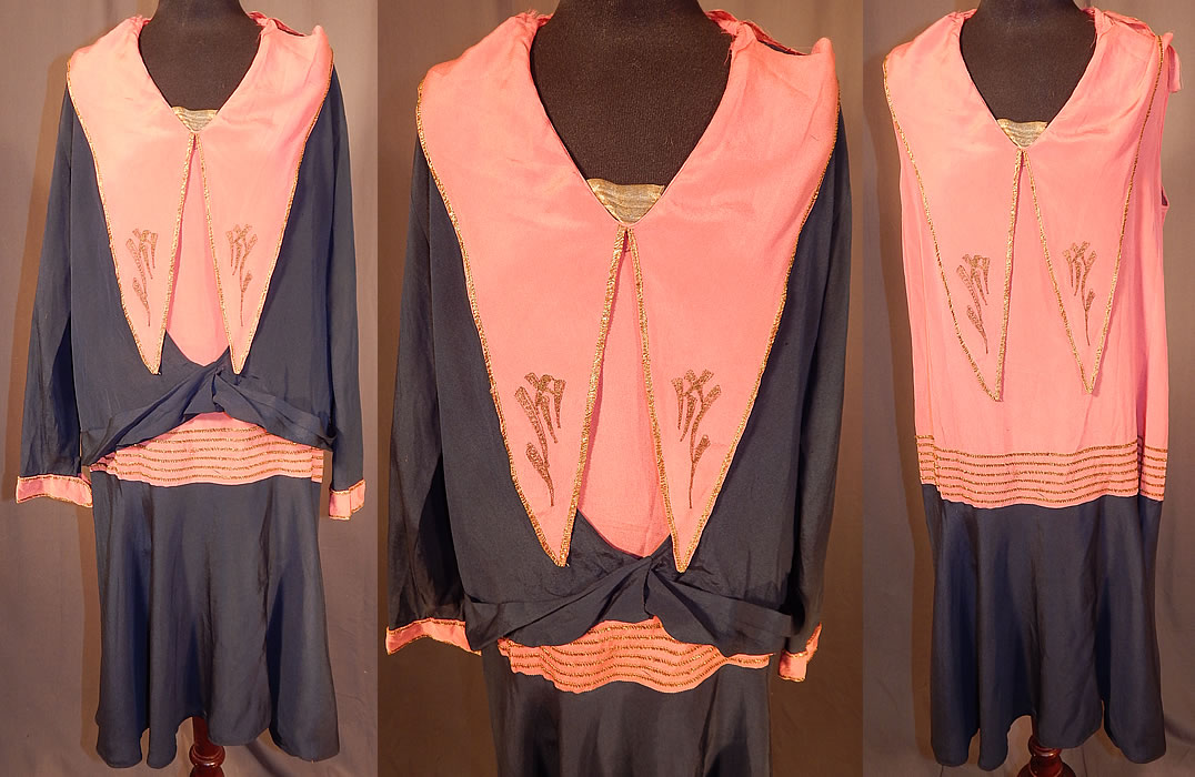 Vintage Art Deco Navy Blue Pink Silk Gold Embroiderd Dress & Jacket
This vintage Art Deco navy blue and pink silk gold embroidered dress and jacket outfit dates from the 1920s. It is made of a navy blue and pink silk fabric, with gold metallic embroidery trim edging and decorative Asian inspired characters on the collar. 
