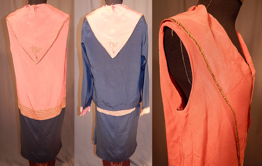 Vintage Art Deco Navy Blue Pink Silk Gold Embroiderd Dress & Jacket
This loose fitting drop waist sailor style, sleeveless dress has a large triangle shape fichu collar with wide lapel point front, small gold lam&eacute; trim front insert and is unlined. 
