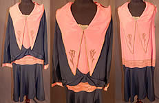 Vintage Art Deco Navy Blue Pink Silk Gold Embroiderd Dress & Jacket
