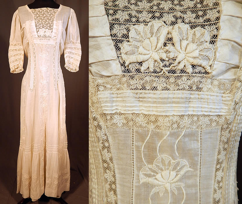 Victorian Cream Cotton Batiste Embroidery Applique Lace Lawn Dress Tea Gown
This vintage Victorian era cream cotton batiste embroidery appliqu&eacute; lace lawn dress tea gown dates from 1900. It is made of a sheer off white cream color cotton batiste lawn fabric, with a white raised padded satin stitch embroidery whitework done in a floral design, with lace trim inserts and floral appliques. 