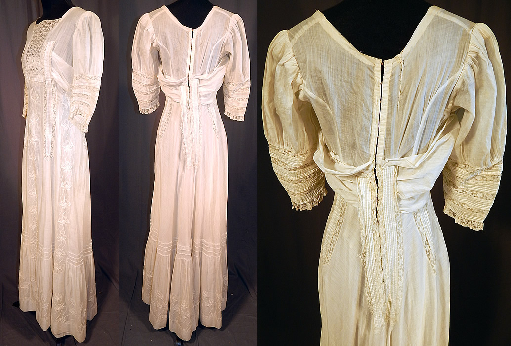 Victorian Cream Cotton Batiste Embroidery Applique Lace Lawn Dress Tea Gown
The dress measures 55 inches long, with a 26 inch waist, 34 inch bust and 14 inch long sleeves. 