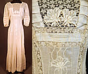 Victorian Cream Cotton Batiste Embroidery Applique Lace Lawn Dress Tea Gown
