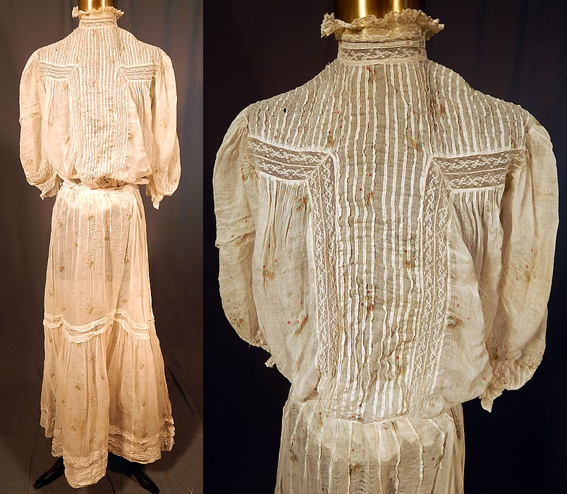 Edwardian Moire Pattern Print White Batiste Lace Dress Blouse & Skirt
This vintage Edwardian era moire pattern print white batiste lace dress blouse and skirt dates from 1910. It is made of an off white sheer fine delicate cotton batiste fabric, with a red, green moire pattern print and white lace trim inserts. 
