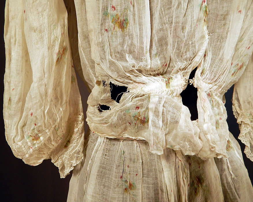 Edwardian Moire Pattern Print White Batiste Lace Dress Blouse & Skirt
The skirt measures 39 inches long, with a 26 inch waist. It is in fair as-is condition, needing some restoration, with several small frayed holes on both the blouse and skirt (see close-up). This is truly a wonderful piece of wearable antique lace textile art which would be great for design! 