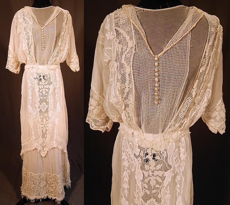 Edwardian Titanic Embroidered French Knot Batiste Filet Lace Lawn Dress Tea Gown
This vintage Edwardian Titanic era embroidered French knot batiste filet lace lawn dress tea gown dates from 1912. It is made of a sheer white tulle net, cotton batiste lawn fabric, with white raised padded satin stitch embroidery, French knots, whitework done in a floral design, with filet ace trim inserts and silk button trim accents.