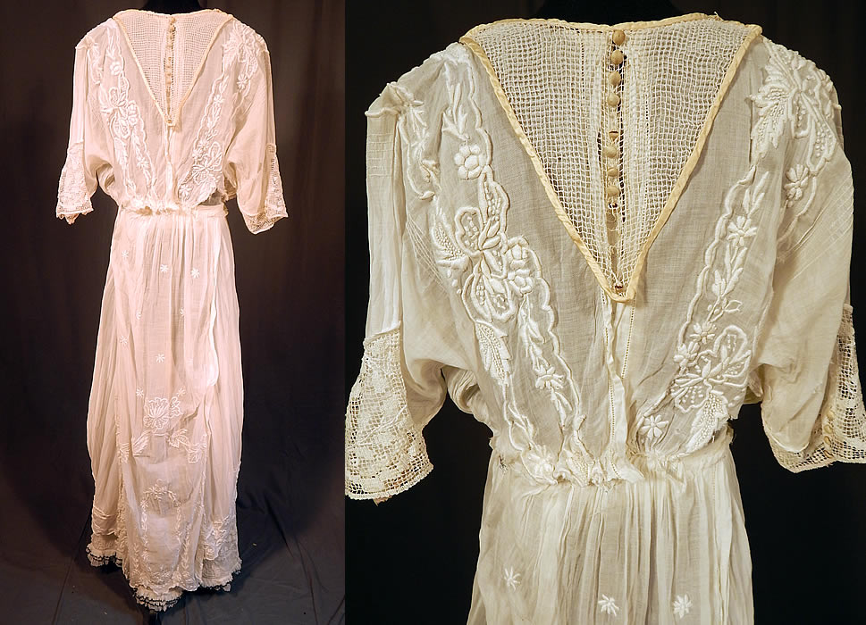 Edwardian Titanic Embroidered French Knot Batiste Filet Lace Lawn Dress Tea Gown
This is truly a wonderful piece of wearable antique lace art which could be worn as a wedding or graduation dress!