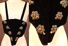 Victorian Black Velvet Silver Trim Swiss Waist Corselet Corset Vest Bodice
