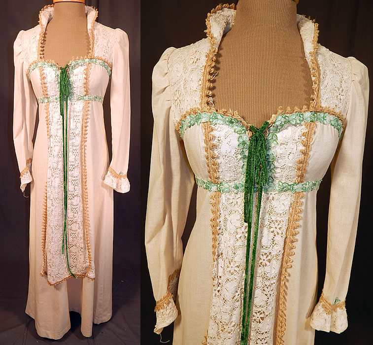 Vintage Gunne Sax by Jessica Black Label Renaissance Medieval Maxi Granny Dress
This vintage Gunne Sax by Jessica black label renaissance medieval maxi granny dress dates from 1969-1970. It is made of an off white cream color cotton twill fabric, with white lace accents, green and beige rick-rack trim edging. 